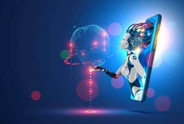 smartphone with robot coming out of the screen holding a holographic image of the earth.